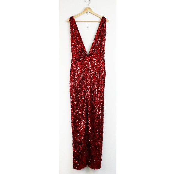 NBD Maeve Sequin Plunging Neck Maxi Slit Gown Red - Picture 3 of 8